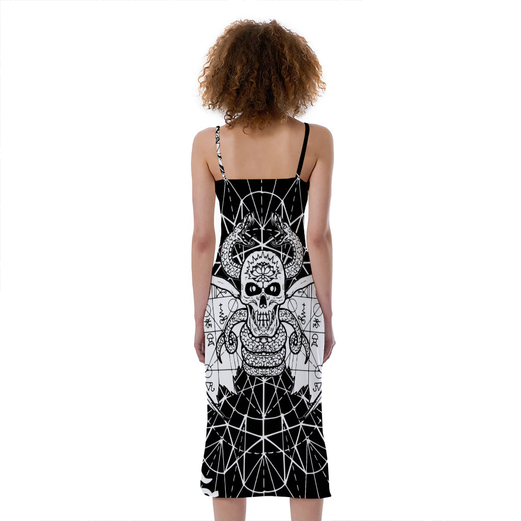 Black And White Demon Wicca Print Slim Fit Midi Cami Dress