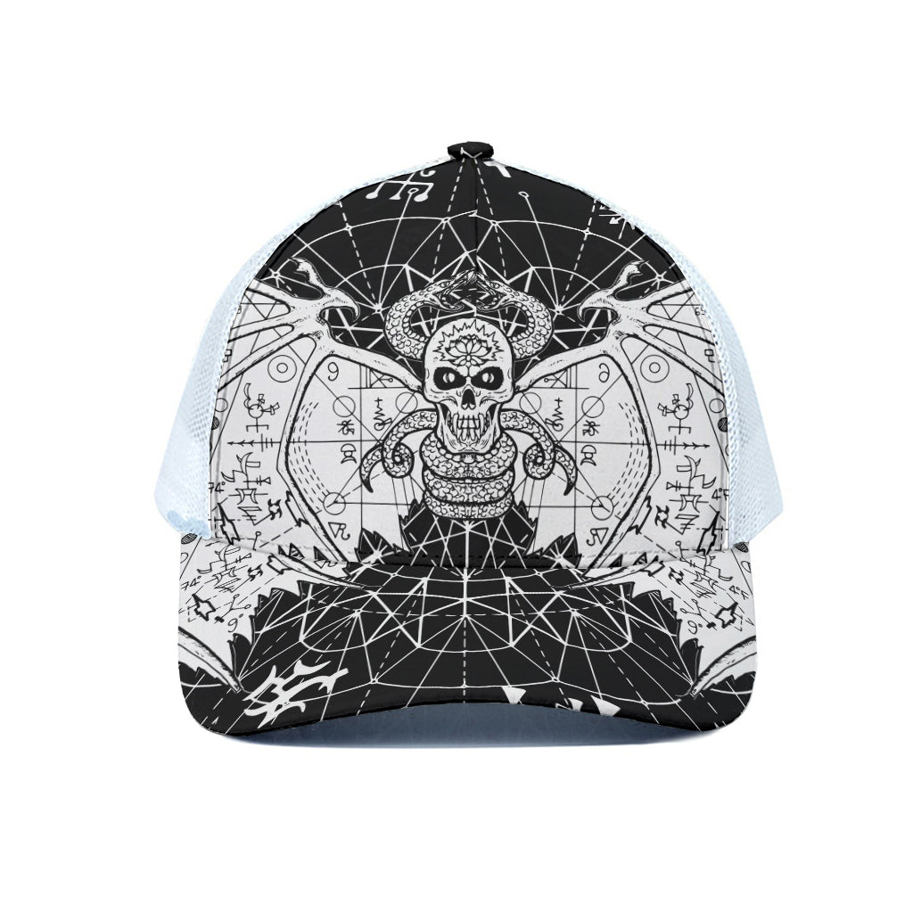 Black And White Demon Wicca Print White Mesh Trucker Cap