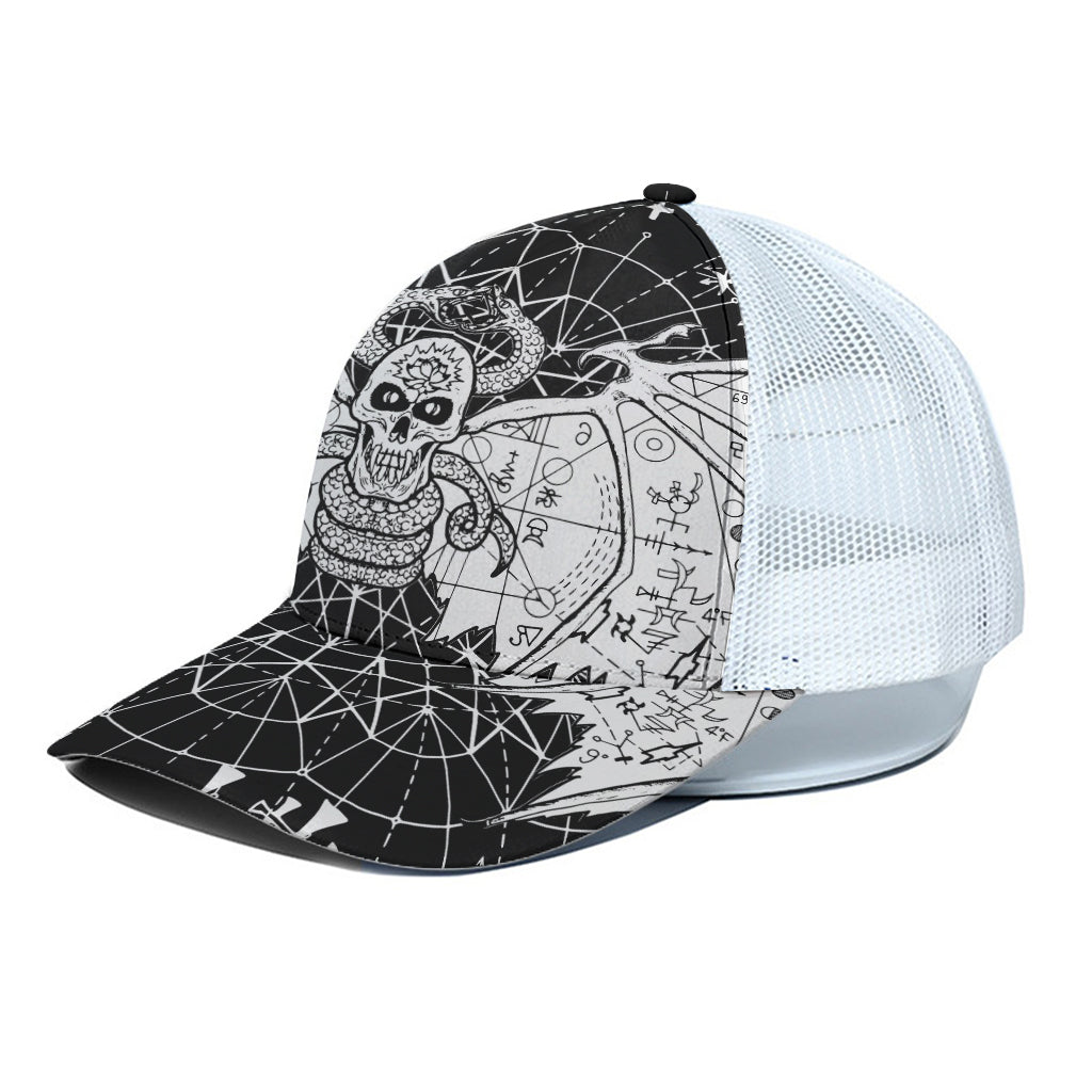 Black And White Demon Wicca Print White Mesh Trucker Cap