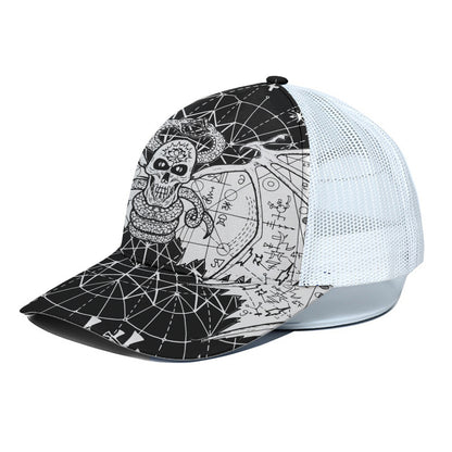 Black And White Demon Wicca Print White Mesh Trucker Cap