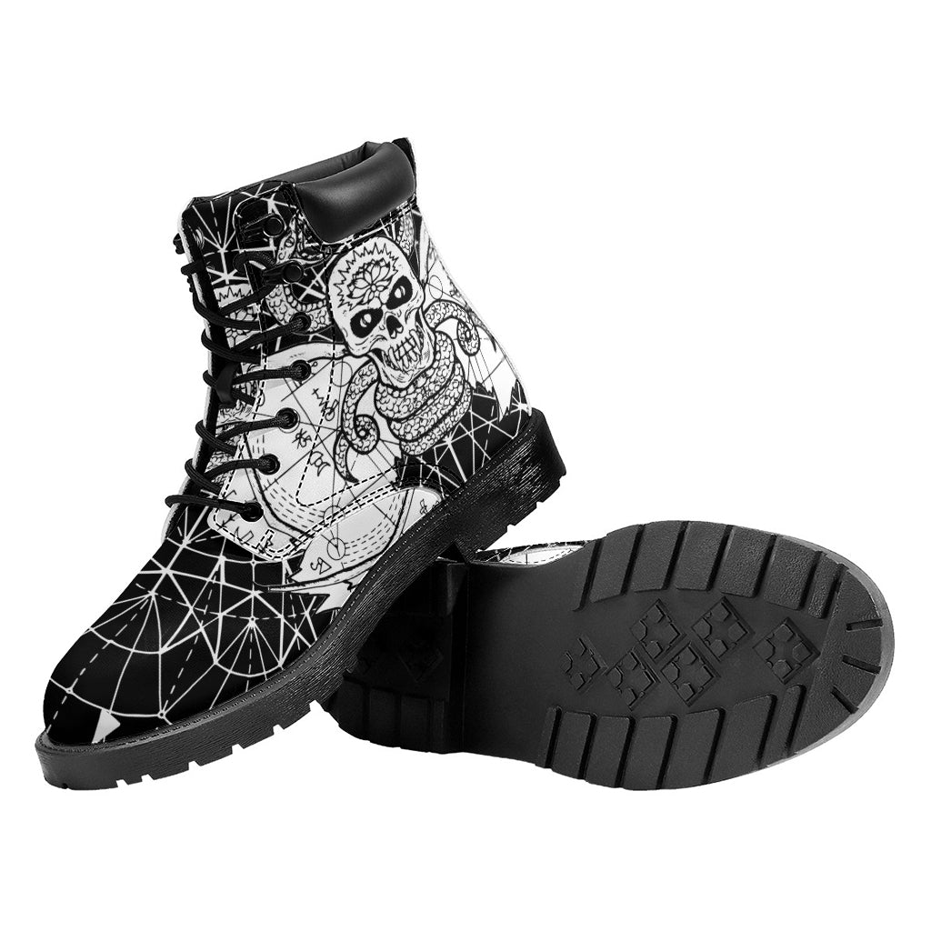 Black And White Demon Wicca Print Work Boots