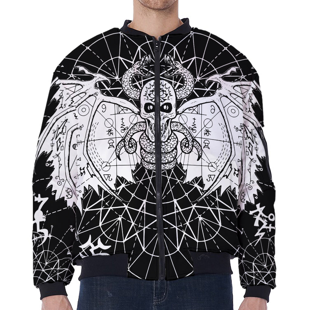 Black And White Demon Wicca Print Zip Sleeve Bomber Jacket