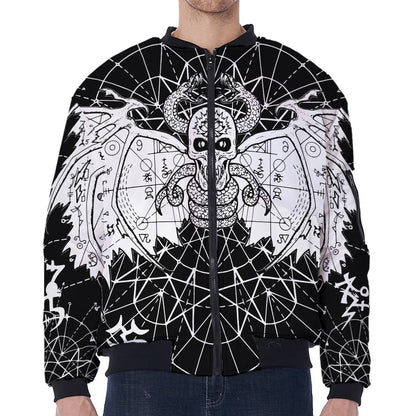 Black And White Demon Wicca Print Zip Sleeve Bomber Jacket