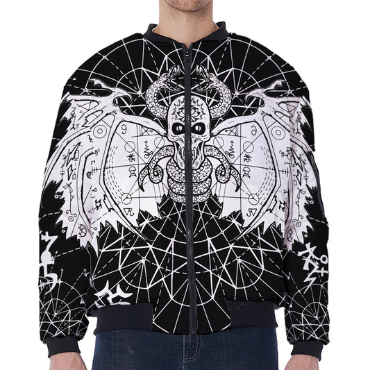 Black And White Demon Wicca Print Zip Sleeve Bomber Jacket