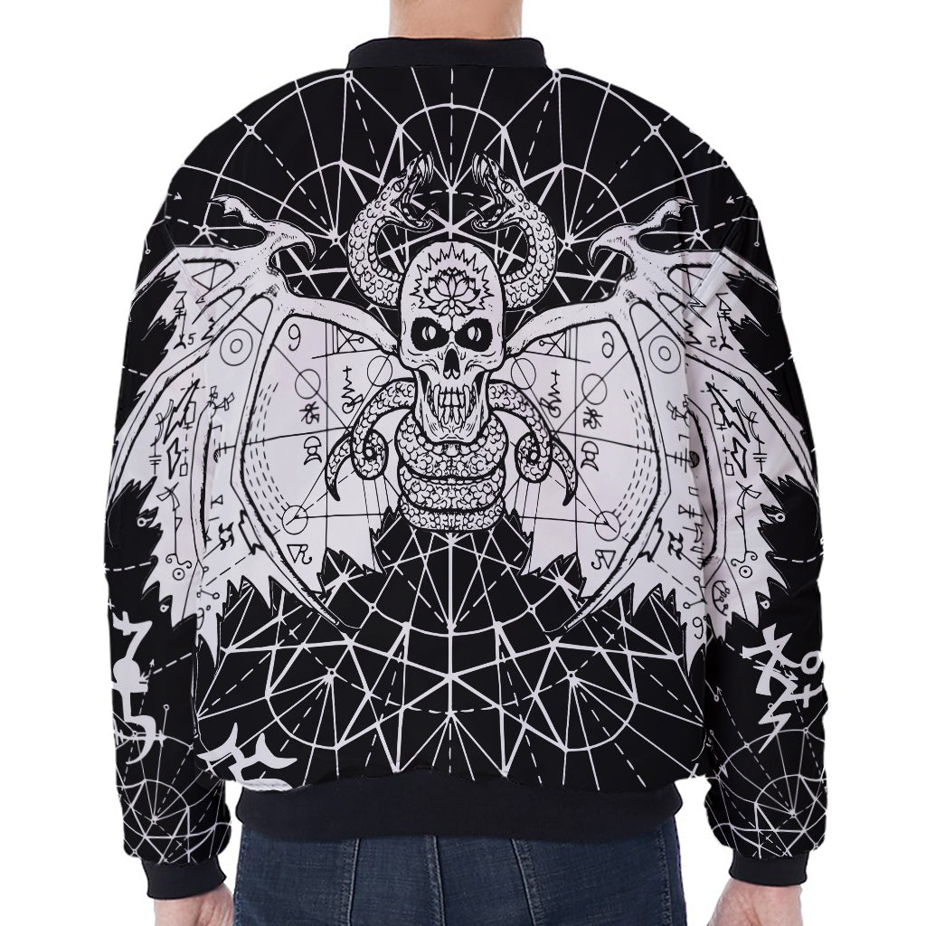 Black And White Demon Wicca Print Zip Sleeve Bomber Jacket