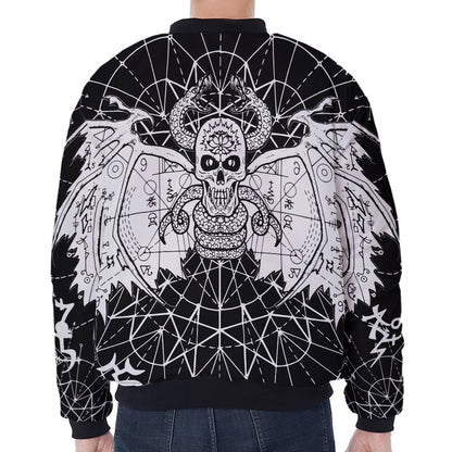 Black And White Demon Wicca Print Zip Sleeve Bomber Jacket