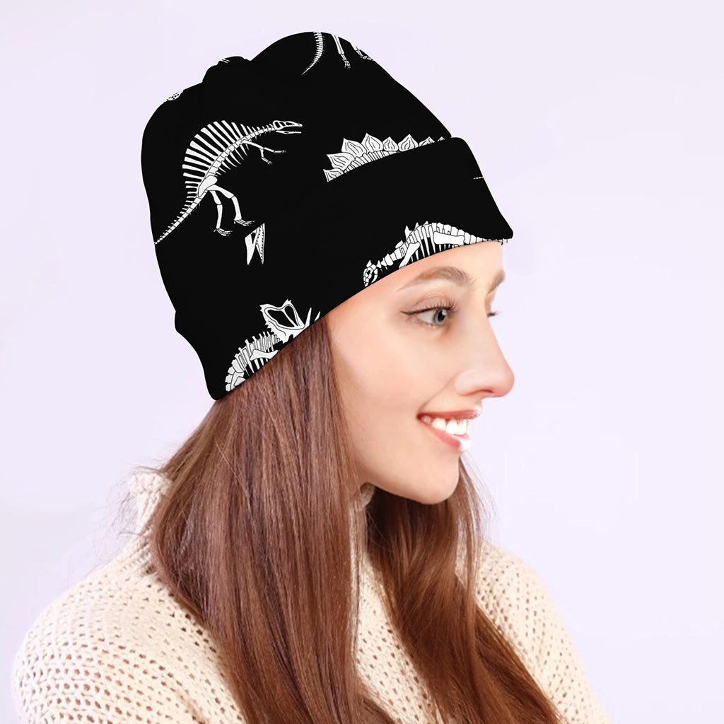 Black And White Dinosaur Fossil Print Beanie