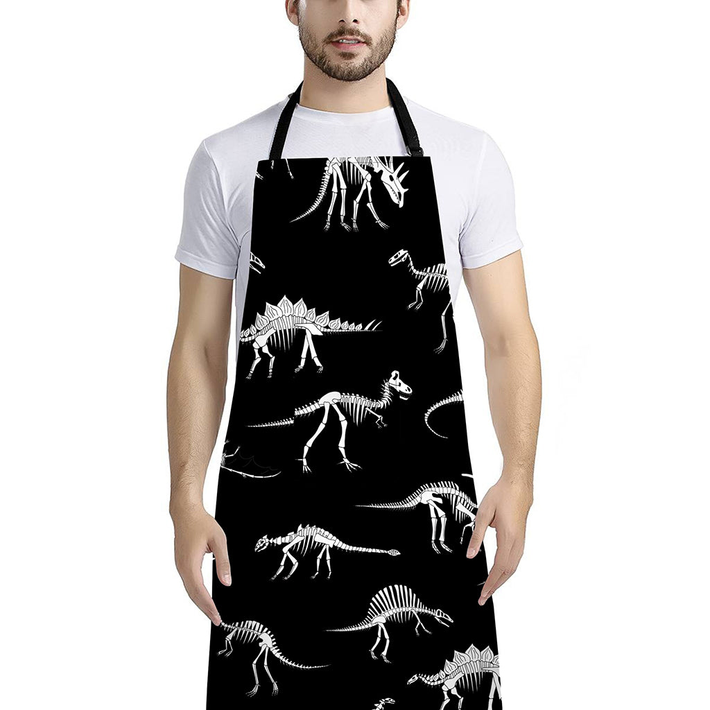 Black And White Dinosaur Fossil Print Bib Apron With Pocket