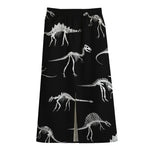 Black And White Dinosaur Fossil Print Cotton Front Slit Maxi Skirt