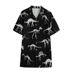 Black And White Dinosaur Fossil Print Cotton Hawaiian Shirt