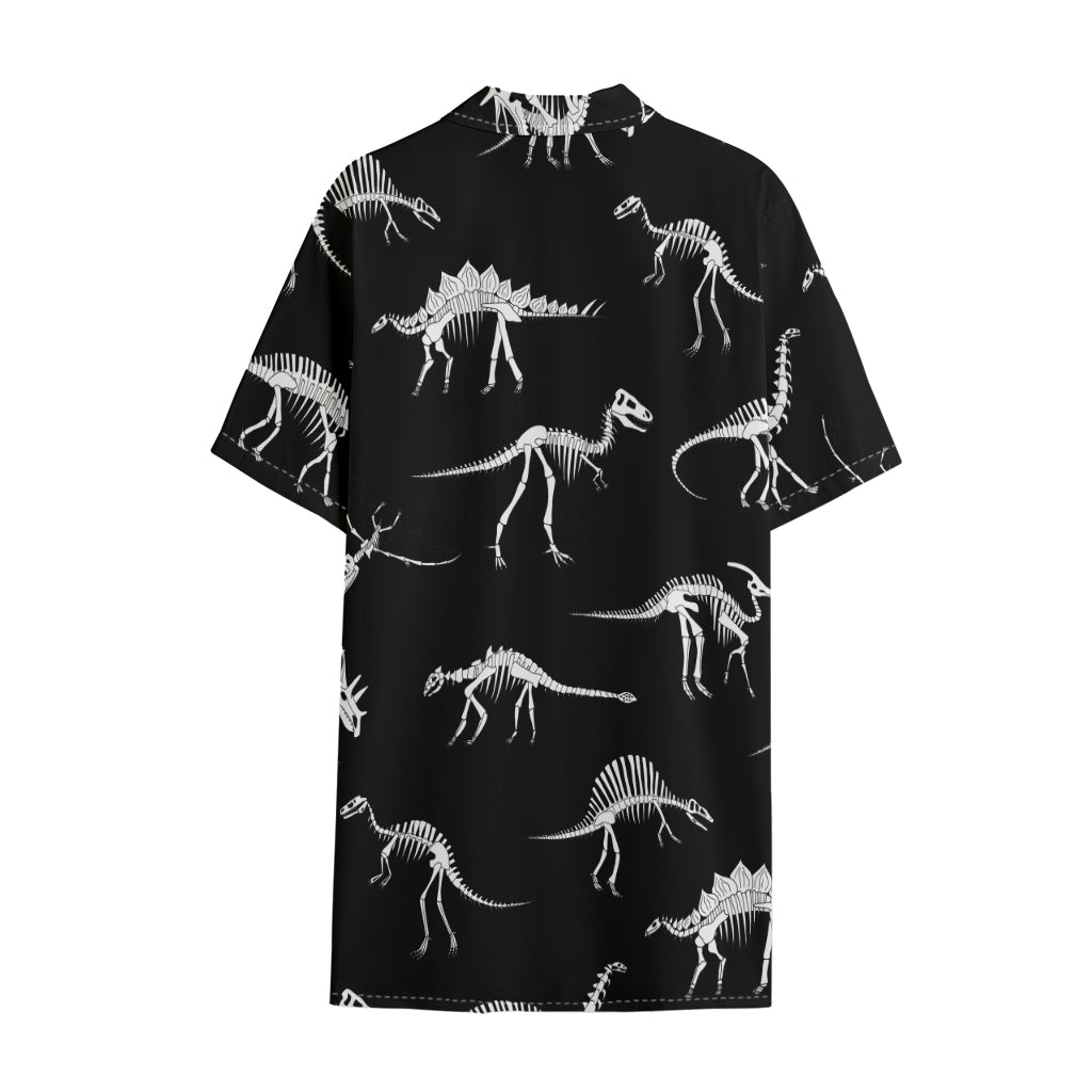 Black And White Dinosaur Fossil Print Cotton Hawaiian Shirt