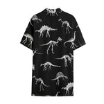Black And White Dinosaur Fossil Print Cotton Hawaiian Shirt