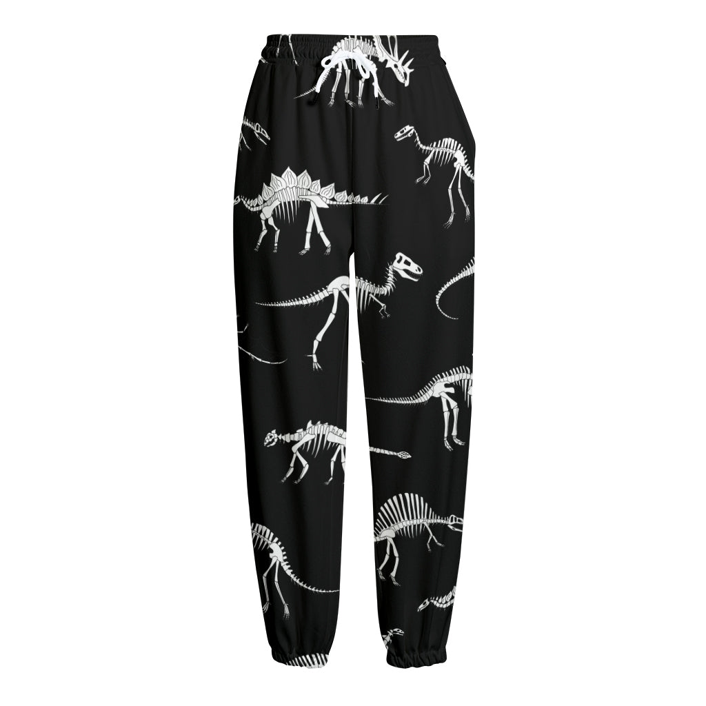 Black And White Dinosaur Fossil Print Fleece Lined Knit Pants