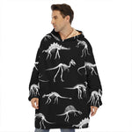 Black And White Dinosaur Fossil Print Hoodie Blanket