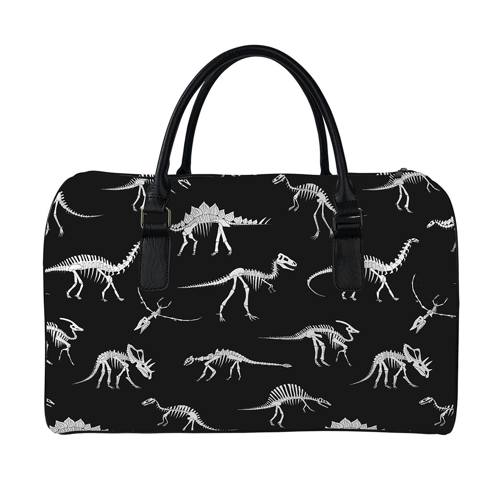 Black And White Dinosaur Fossil Print Leather Duffle Bag