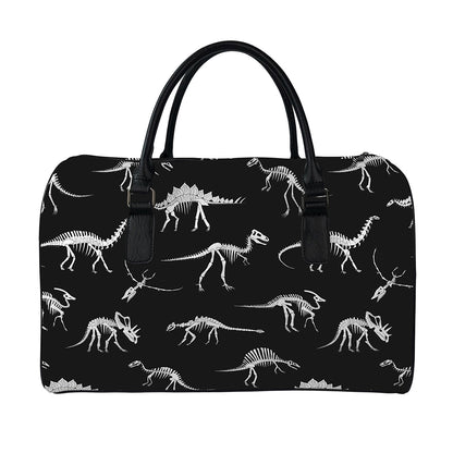 Black And White Dinosaur Fossil Print Leather Duffle Bag