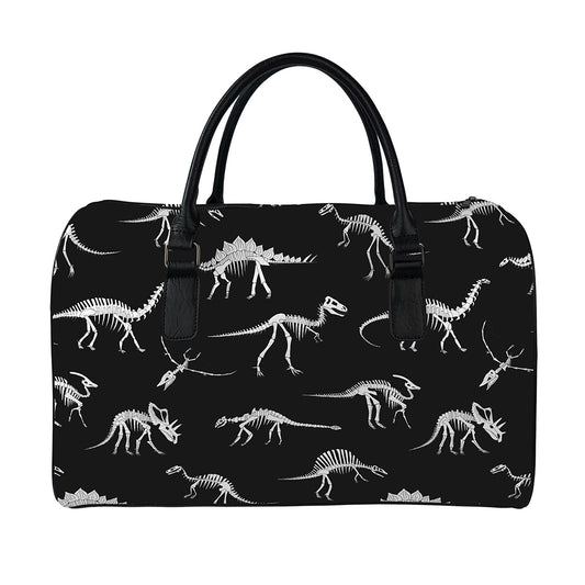 Black And White Dinosaur Fossil Print Leather Duffle Bag