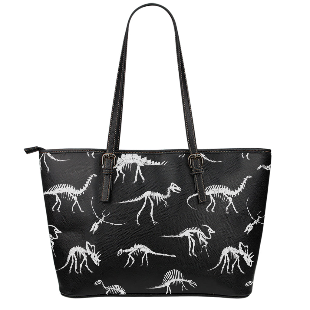 Black And White Dinosaur Fossil Print Leather Tote Bag
