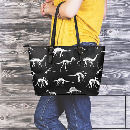 Black And White Dinosaur Fossil Print Leather Tote Bag