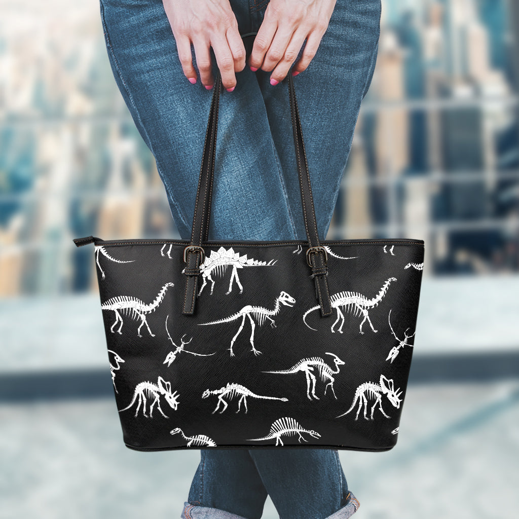 Black And White Dinosaur Fossil Print Leather Tote Bag