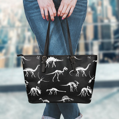 Black And White Dinosaur Fossil Print Leather Tote Bag