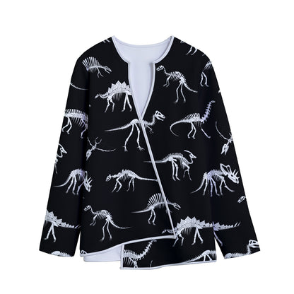 Black And White Dinosaur Fossil Print Long Sleeve Short Coat