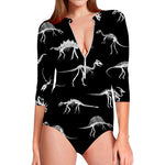 Black And White Dinosaur Fossil Print Long Sleeve Swimsuit