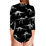 Black And White Dinosaur Fossil Print Long Sleeve Swimsuit