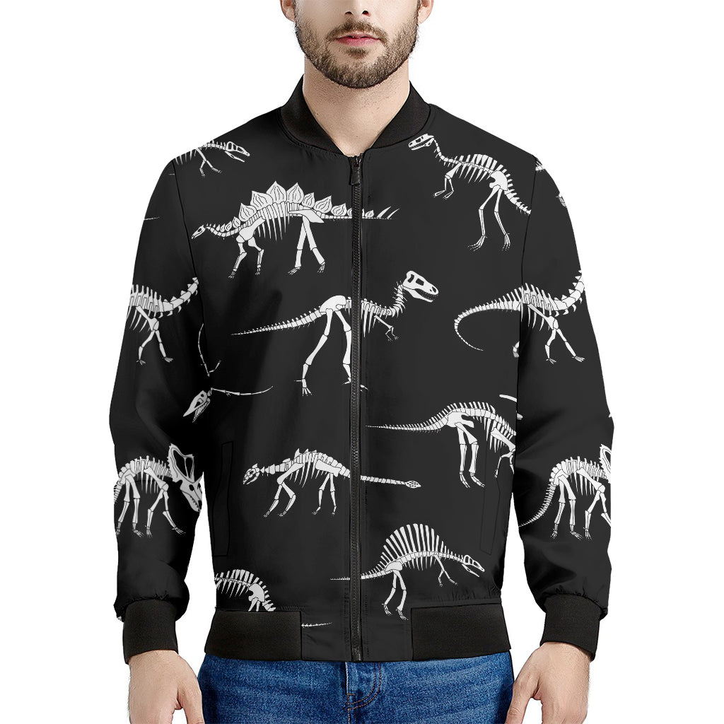 Black And White Dinosaur Fossil Print Men's Bomber Jacket