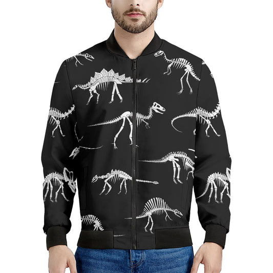 Black And White Dinosaur Fossil Print Men's Bomber Jacket