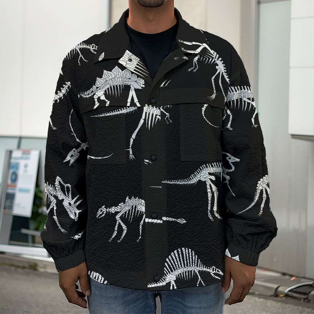 Black And White Dinosaur Fossil Print Men's Shirt Jacket