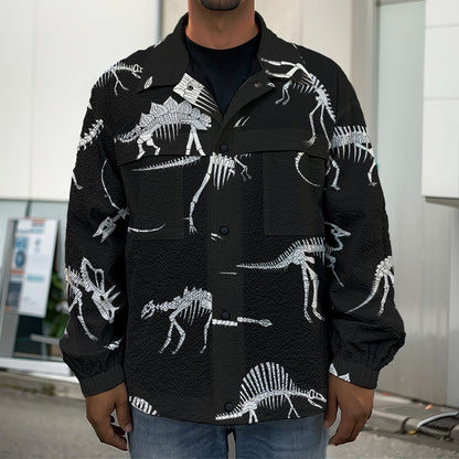 Black And White Dinosaur Fossil Print Men's Shirt Jacket