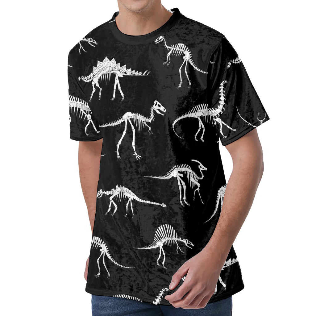 Black And White Dinosaur Fossil Print Men's Velvet T-Shirt