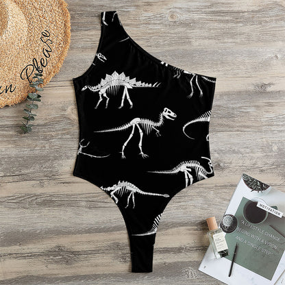 Black And White Dinosaur Fossil Print One Shoulder Bodysuit
