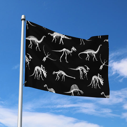 Black And White Dinosaur Fossil Print Polyester Flag