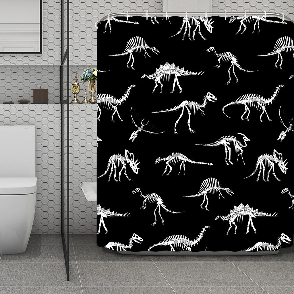 Black And White Dinosaur Fossil Print Polyester Shower Curtain