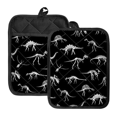 Black And White Dinosaur Fossil Print Pot Holders With Pocket