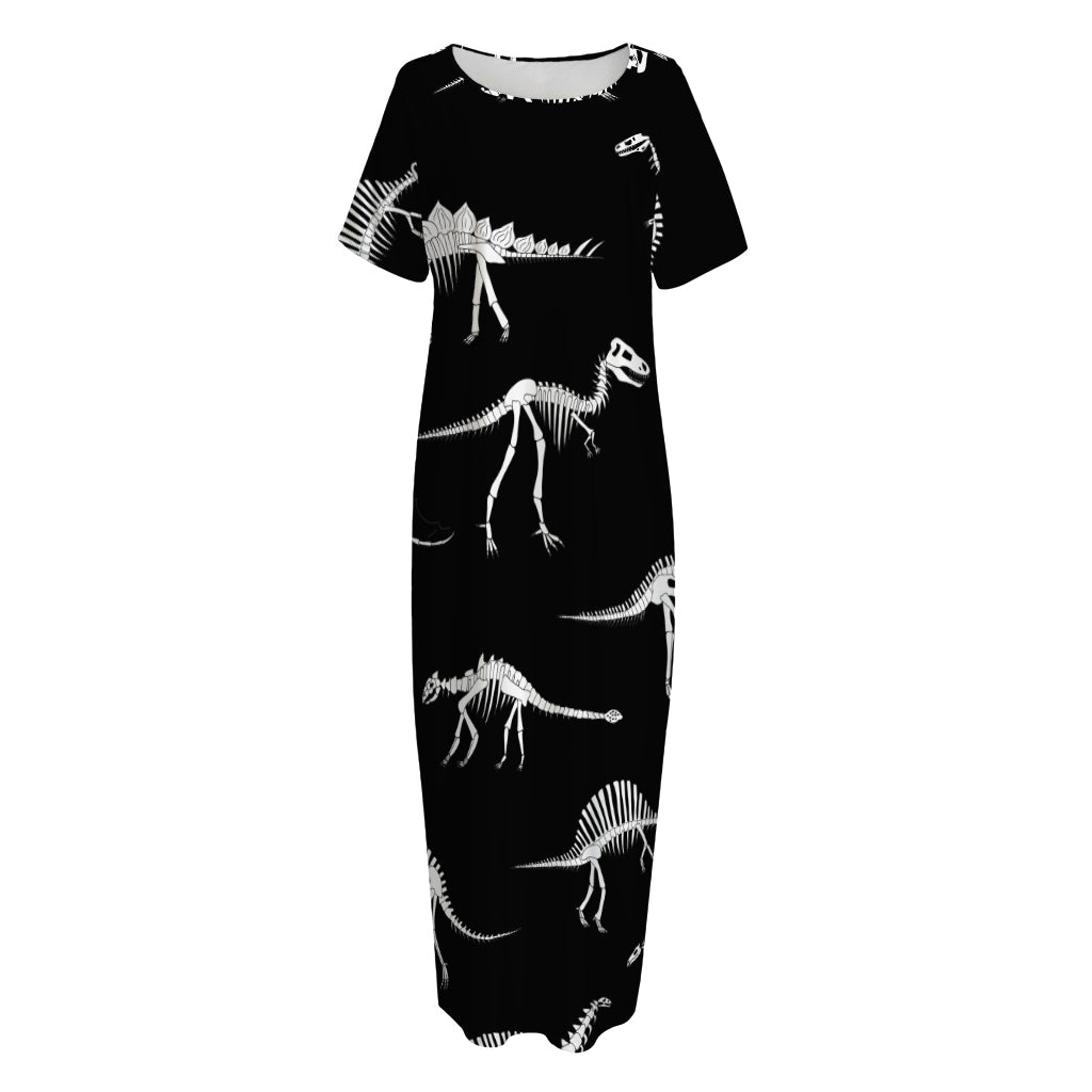 Black And White Dinosaur Fossil Print Short Sleeve Long Nightdress