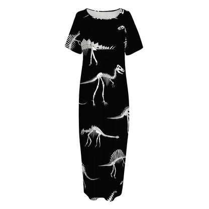 Black And White Dinosaur Fossil Print Short Sleeve Long Nightdress