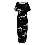 Black And White Dinosaur Fossil Print Short Sleeve Long Nightdress