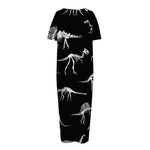 Black And White Dinosaur Fossil Print Short Sleeve Long Nightdress