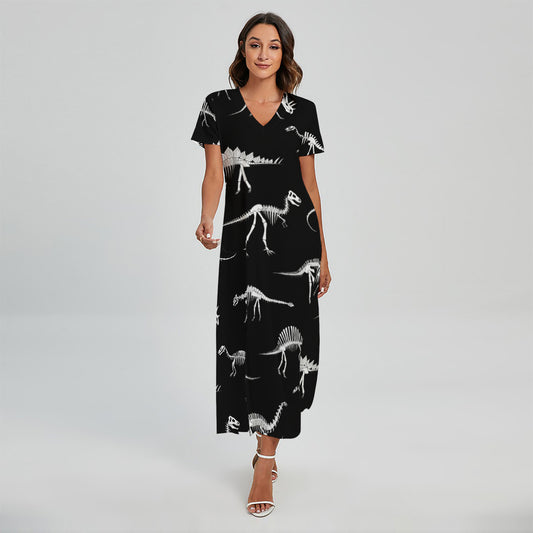 Black And White Dinosaur Fossil Print Short Sleeve Maxi Dress