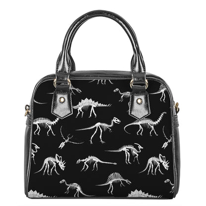 Black And White Dinosaur Fossil Print Shoulder Handbag