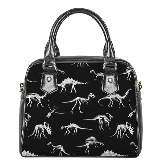 Black And White Dinosaur Fossil Print Shoulder Handbag