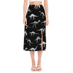 Black And White Dinosaur Fossil Print Side Slit Midi Skirt