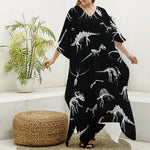 Black And White Dinosaur Fossil Print Silk V-Neck Kaftan Dress