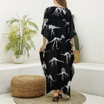 Black And White Dinosaur Fossil Print Silk V-Neck Kaftan Dress