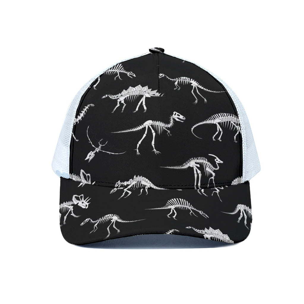 Black And White Dinosaur Fossil Print White Mesh Trucker Cap