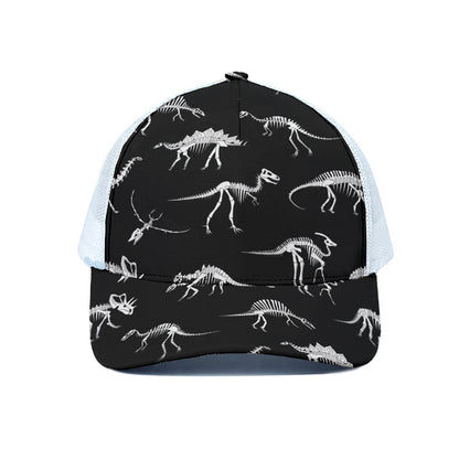 Black And White Dinosaur Fossil Print White Mesh Trucker Cap