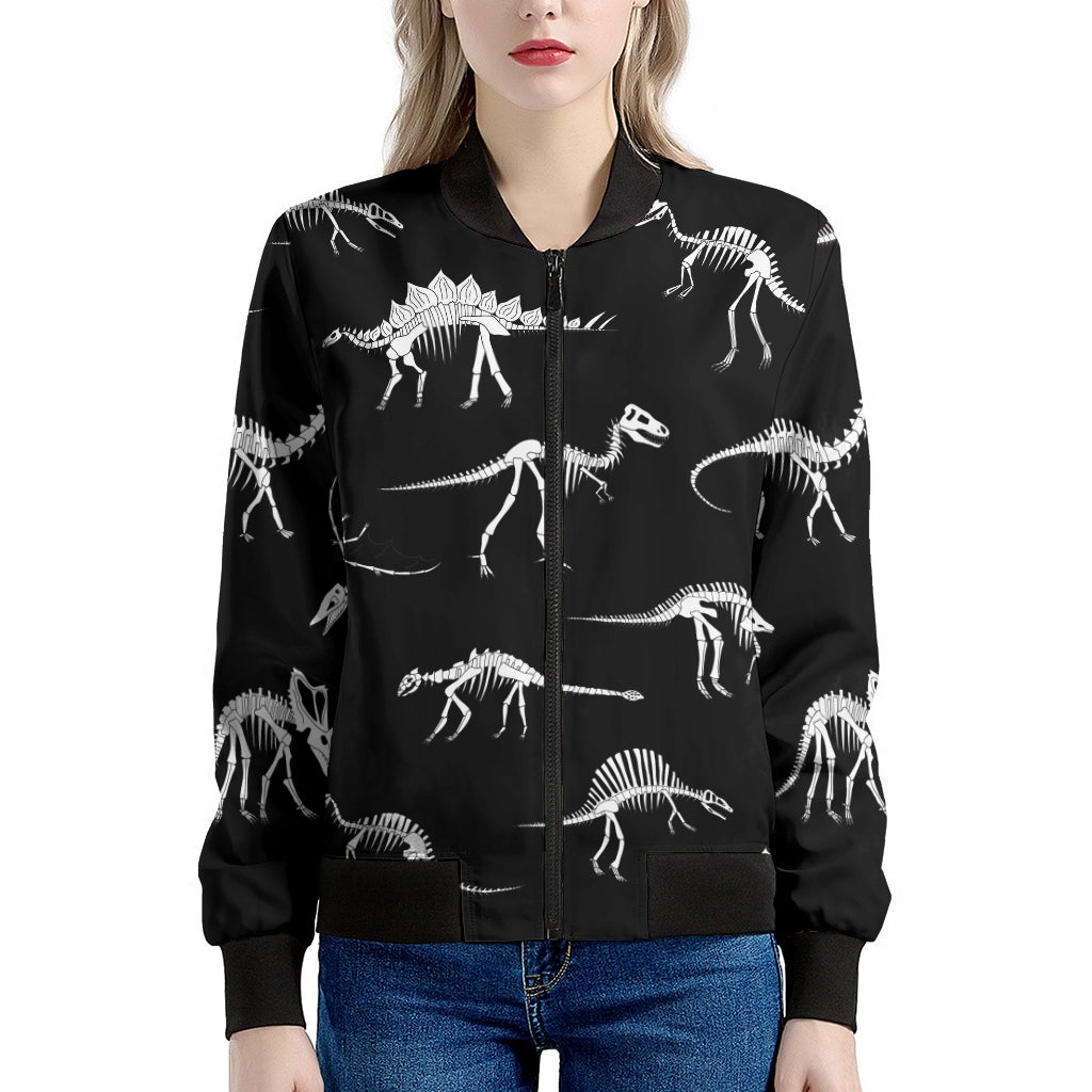 Black And White Dinosaur Fossil Print Women's Bomber Jacket